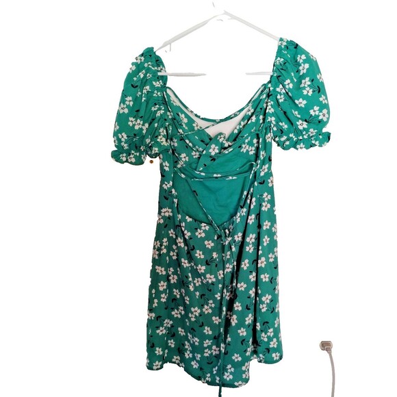 Lulus Women's Baby Doll Lace Up 90s Mini Dress Green Floral Blooming Bouquet S - Picture 6 of 9